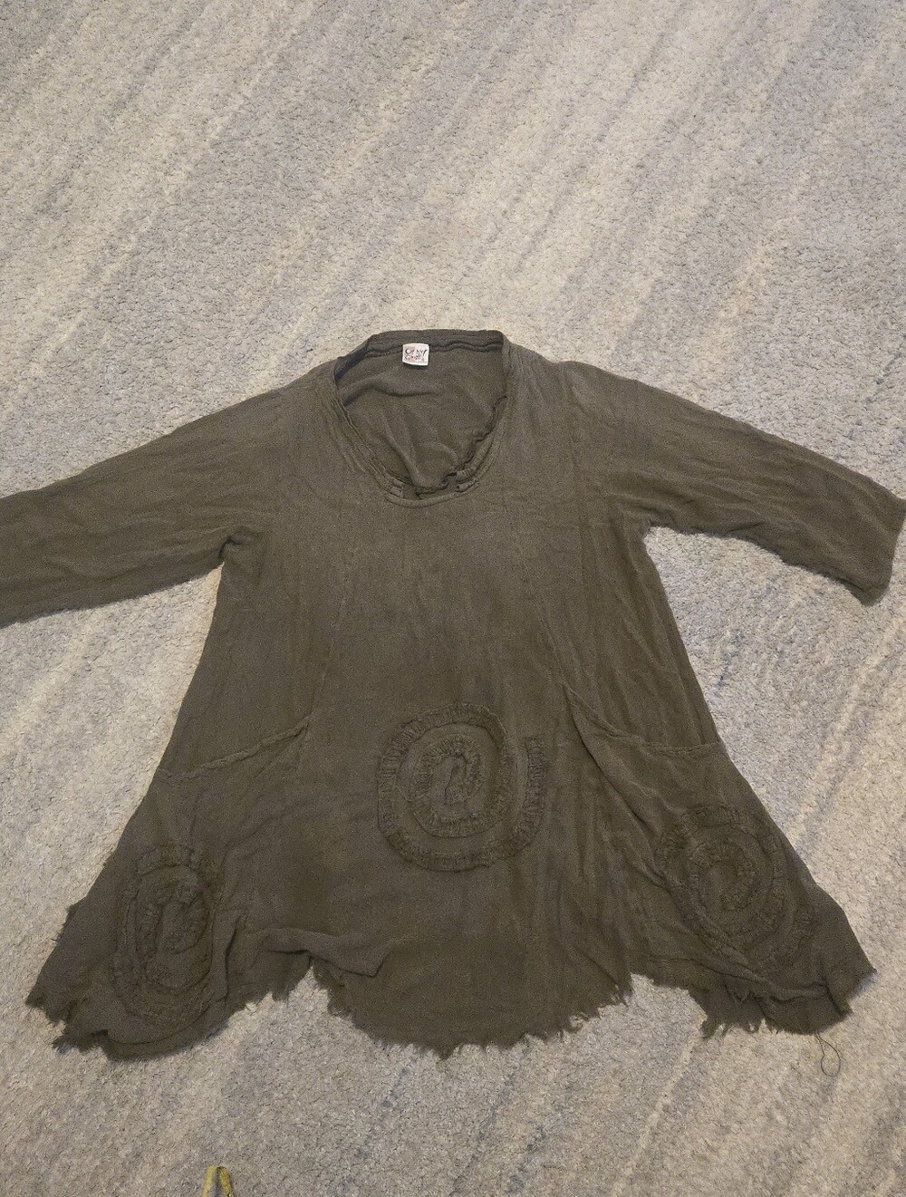 Oh My Gauze Olive Green Cotton Tunic Dress Swirl Raw Hem Boho Lagenlook OS / M
